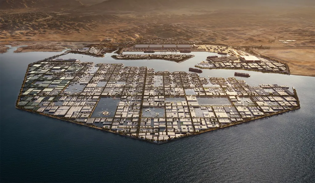 Aerial view of NEOM Oxagon city on the Red Sea coast
